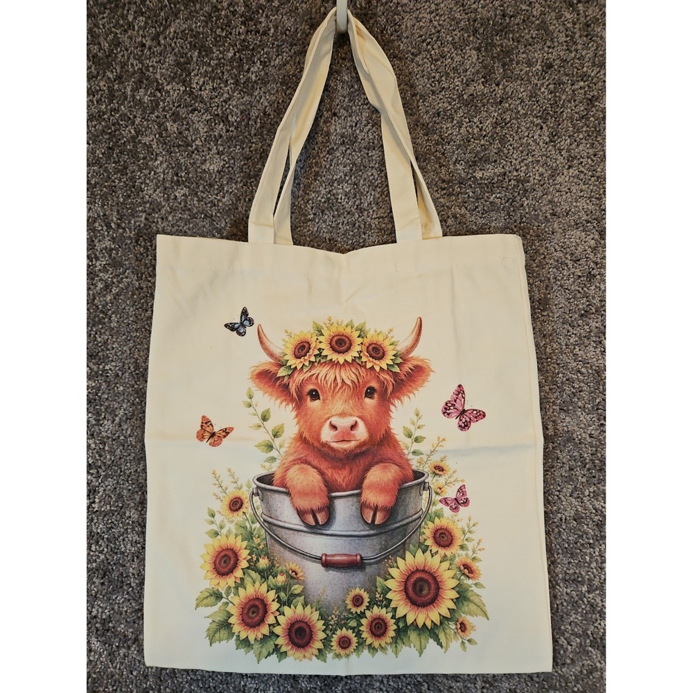 Adorable Reusable Canvas Highland Cow Tote. New